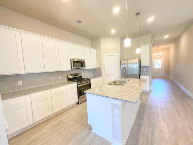 kitchen featuring appliances with stainless steel finishes, sink, pendant lighting, a center island with sink, and white cabinetry