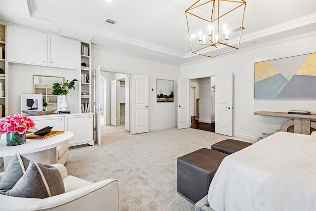 bedroom with ornamental molding, a tray ceiling, light carpet, and a notable chandelier