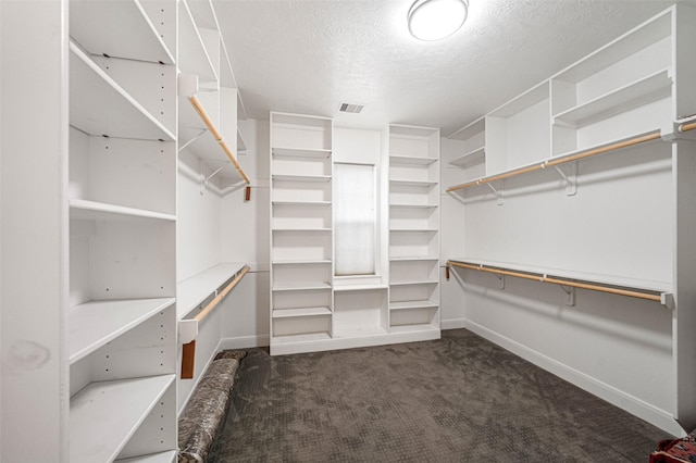 walk in closet with dark colored carpet