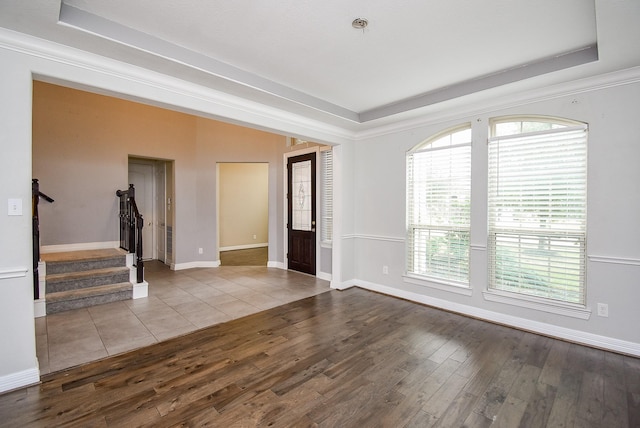 spare room with a tray ceiling, light hardwood / wood-style flooring, and plenty of natural light