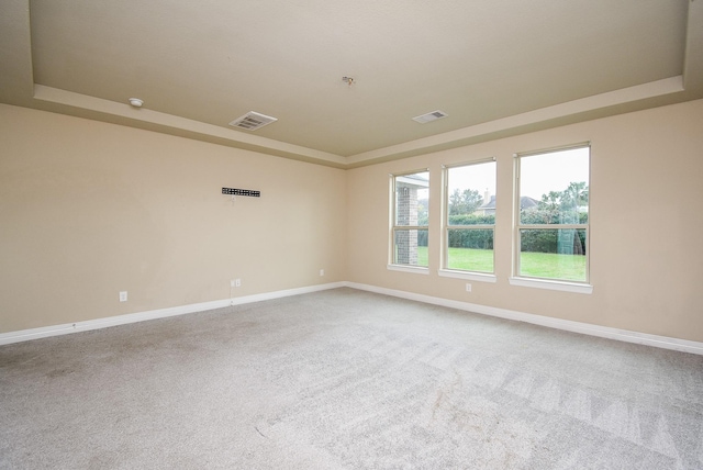 carpeted empty room with a tray ceiling