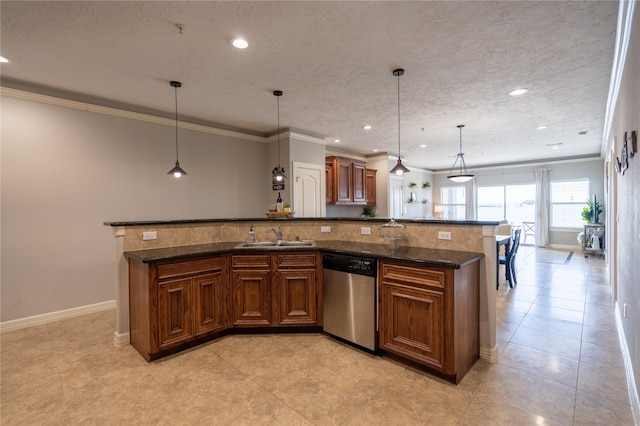 kitchen with ornamental molding, a kitchen island with sink, sink, decorative light fixtures, and dishwasher