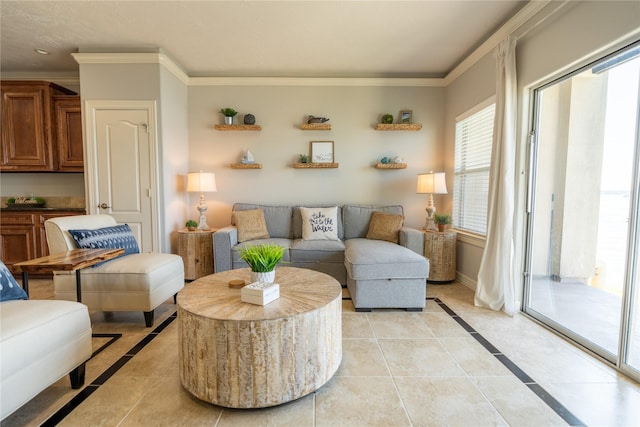 tiled living room with ornamental molding