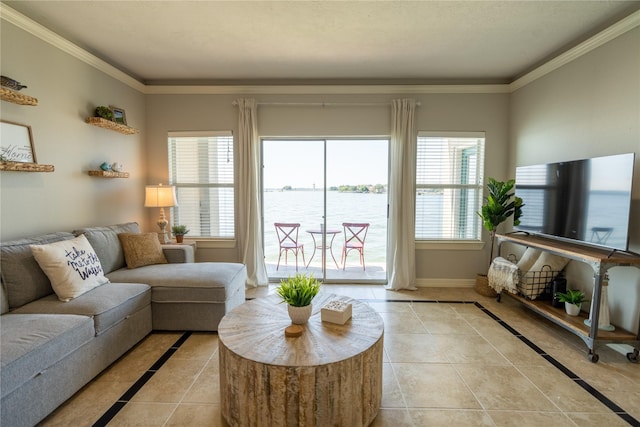 tiled living room with crown molding