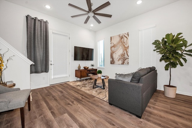 living room featuring wood-type flooring and ceiling fan