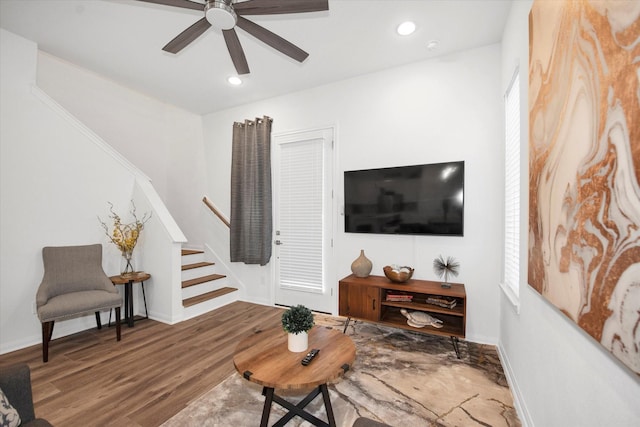 living room with ceiling fan and wood-type flooring