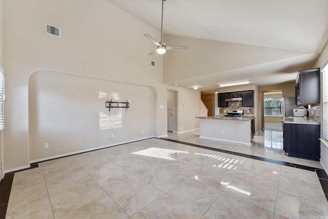 unfurnished living room featuring ceiling fan, sink, and high vaulted ceiling