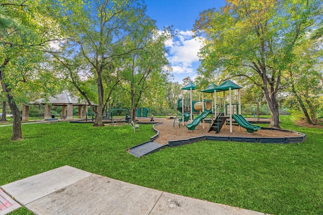 view of play area with a gazebo and a yard