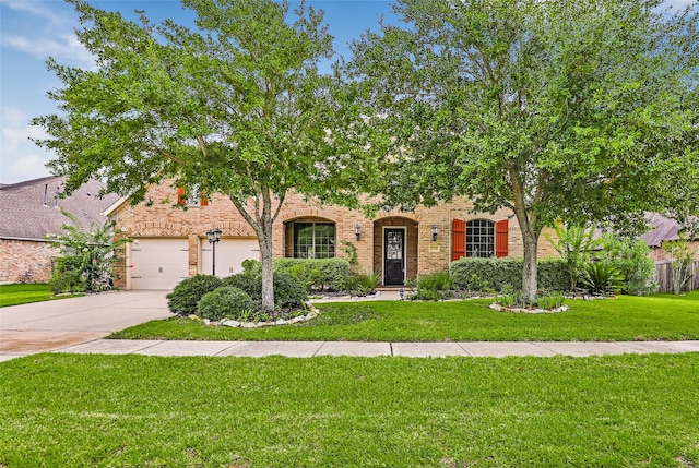 view of property hidden behind natural elements featuring a garage and a front lawn