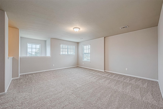 carpeted empty room with a textured ceiling and plenty of natural light