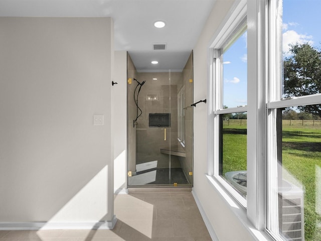 bathroom featuring tile patterned floors, a healthy amount of sunlight, and walk in shower