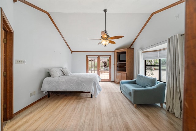 bedroom featuring multiple windows, ceiling fan, light hardwood / wood-style flooring, and vaulted ceiling