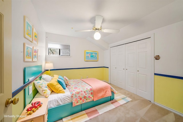 bedroom featuring carpet, a closet, and ceiling fan