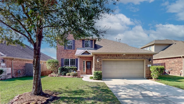 view of front facade featuring a front lawn and a garage