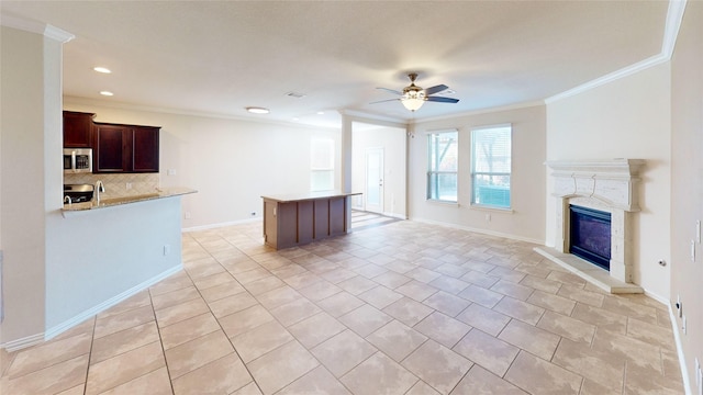 kitchen featuring backsplash, crown molding, ceiling fan, a premium fireplace, and appliances with stainless steel finishes