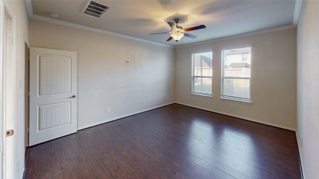 unfurnished room featuring ornamental molding, ceiling fan, and dark wood-type flooring