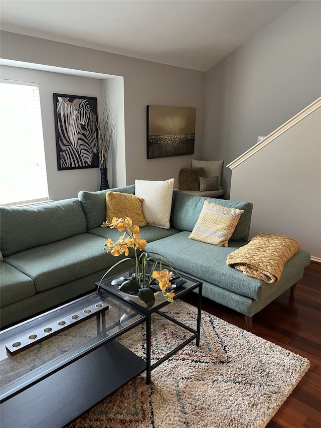 living room with dark hardwood / wood-style flooring