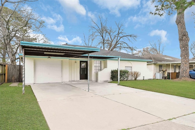 single story home with a garage and a front yard