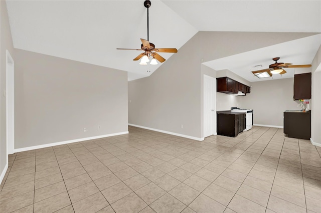 unfurnished living room with vaulted ceiling, light tile patterned flooring, and ceiling fan