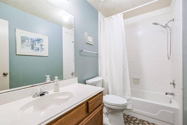 full bathroom with vanity, shower / bathtub combination with curtain, and toilet