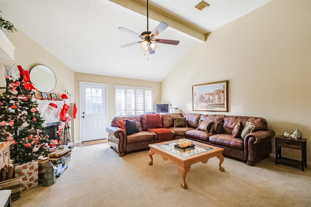 living room featuring beamed ceiling, light carpet, and high vaulted ceiling