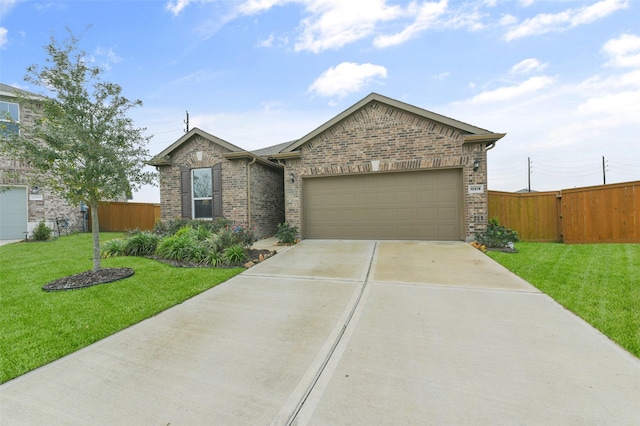 ranch-style home featuring a front lawn and a garage