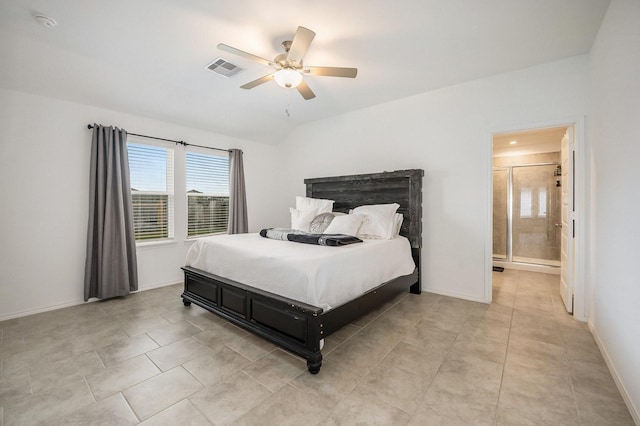 bedroom featuring ensuite bath, ceiling fan, and light tile patterned floors