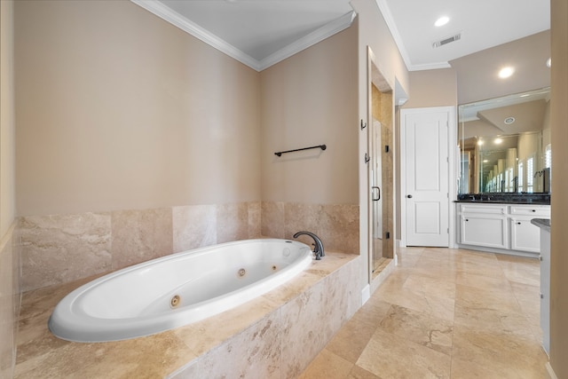 bathroom featuring shower with separate bathtub, vanity, and crown molding