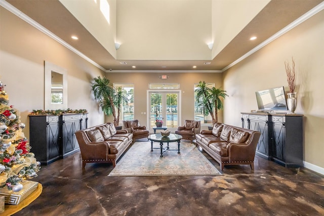 living room featuring crown molding, french doors, and a high ceiling