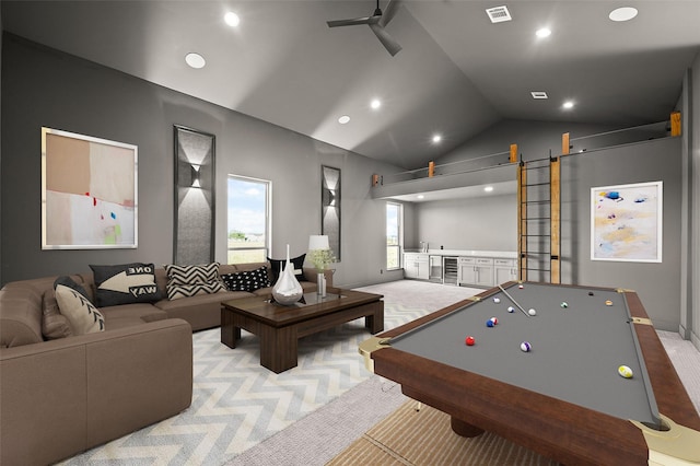 game room featuring ceiling fan, high vaulted ceiling, and billiards