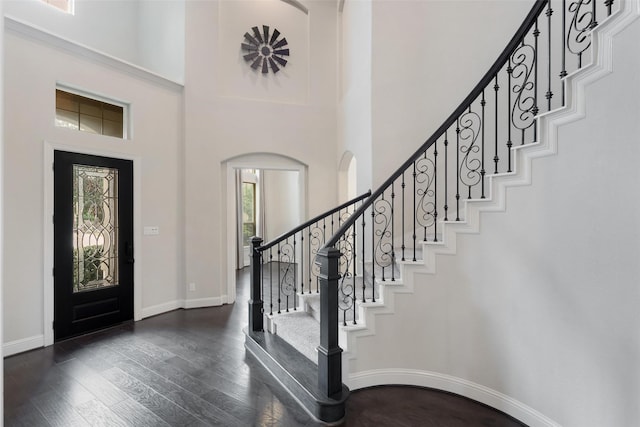 entryway with dark hardwood / wood-style floors and a high ceiling