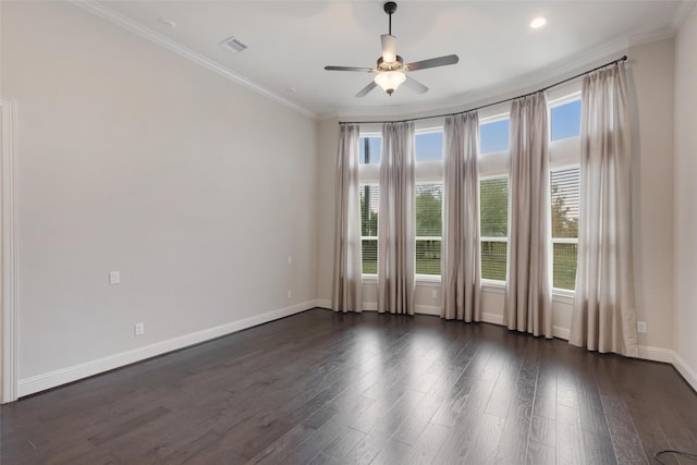 unfurnished room featuring crown molding, ceiling fan, and dark hardwood / wood-style floors