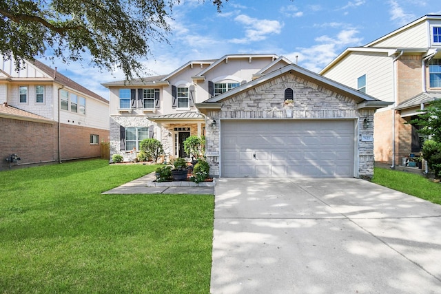 view of front of home featuring a garage and a front lawn