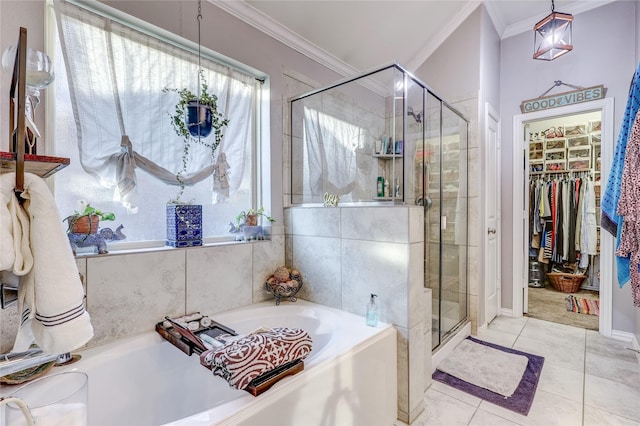 bathroom featuring plenty of natural light, shower with separate bathtub, and ornamental molding