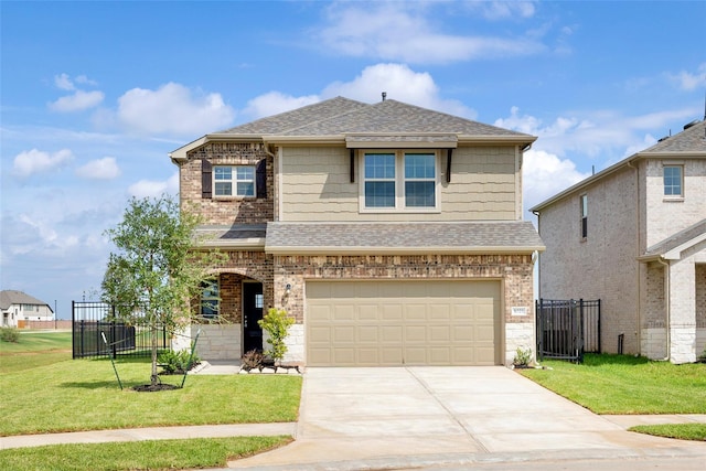 view of front of home with a front yard and a garage