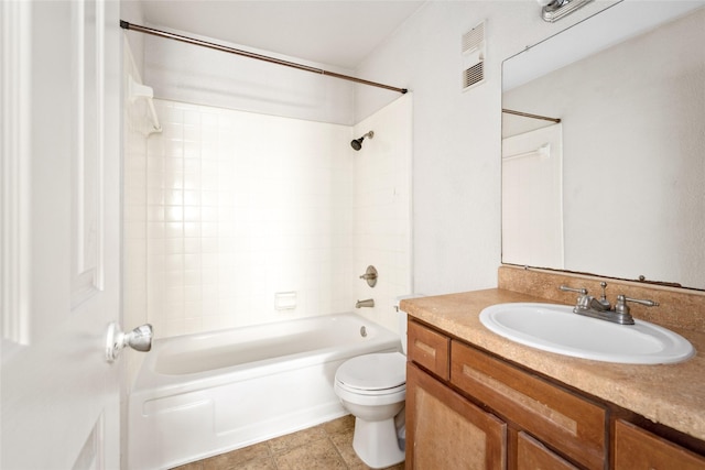 full bathroom featuring  shower combination, visible vents, toilet, and vanity