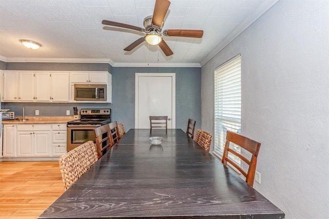 dining space with ceiling fan, light hardwood / wood-style floors, and ornamental molding