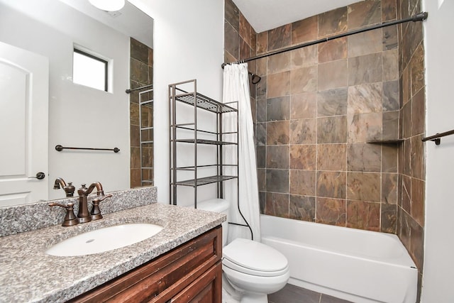 full bathroom with shower / bathtub combination with curtain, vanity, and toilet