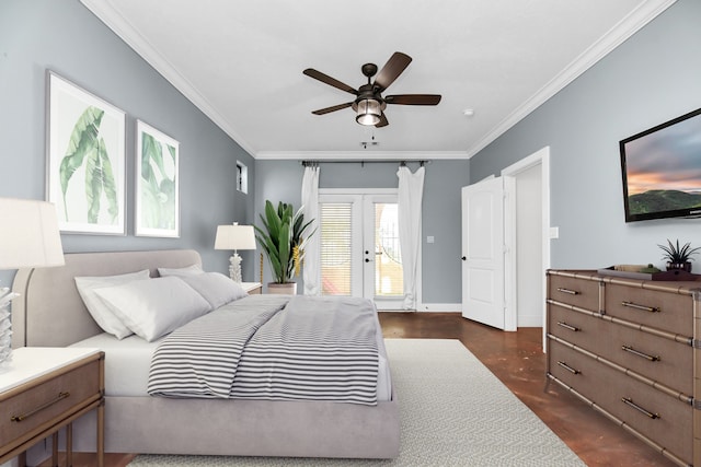 bedroom with ceiling fan, dark hardwood / wood-style floors, ornamental molding, and french doors