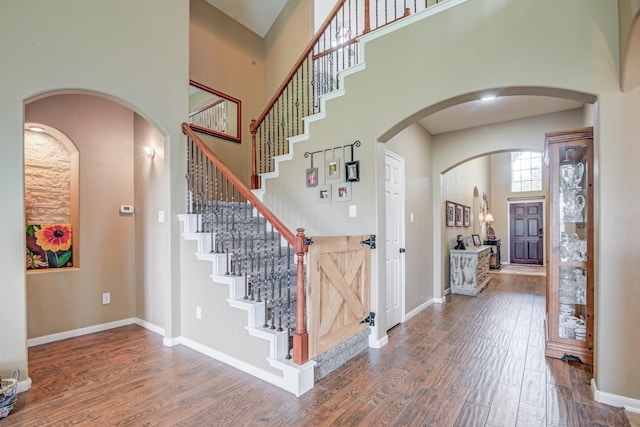 foyer with dark wood-type flooring and a high ceiling