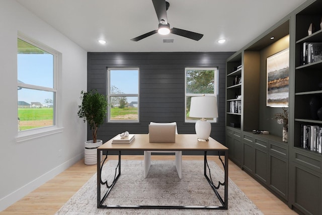 office space with a wealth of natural light, light hardwood / wood-style flooring, ceiling fan, and wood walls