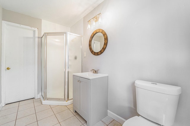 bathroom featuring tile patterned flooring, vanity, toilet, and walk in shower