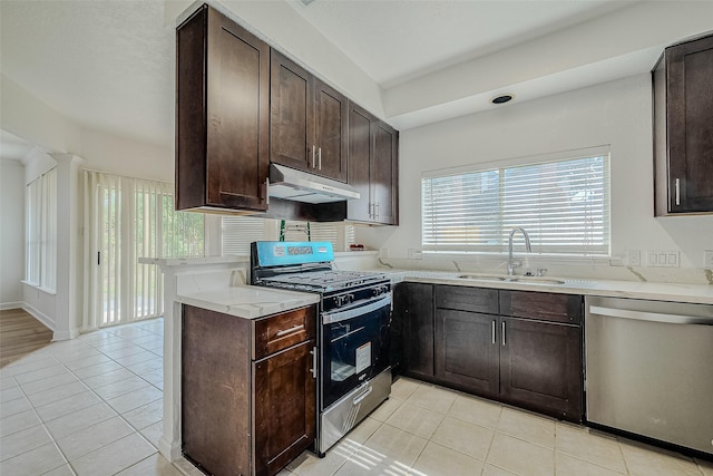 kitchen with black range with gas stovetop, dark brown cabinetry, sink, and stainless steel dishwasher