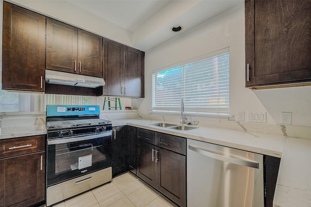 kitchen featuring sink, stainless steel appliances, and dark brown cabinets