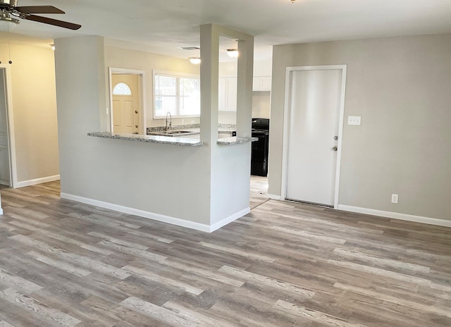 kitchen featuring light hardwood / wood-style floors, light stone counters, white cabinetry, and sink