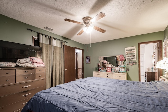 bedroom featuring a textured ceiling and ceiling fan