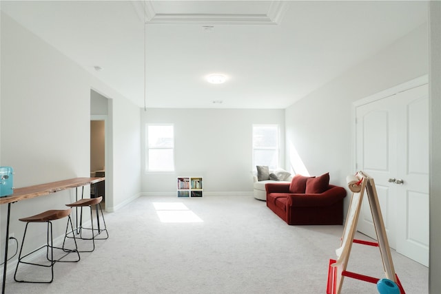 sitting room featuring light colored carpet