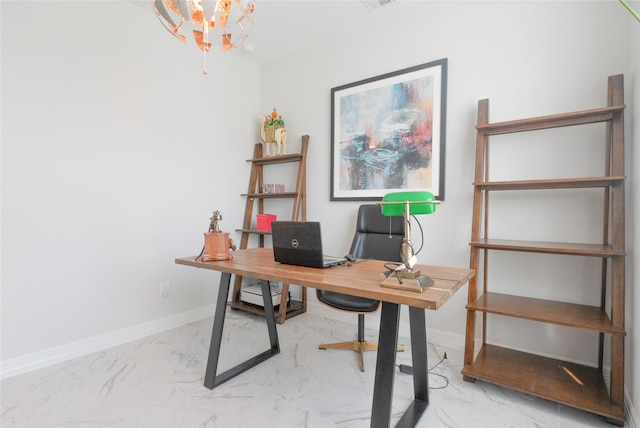 home office with a notable chandelier