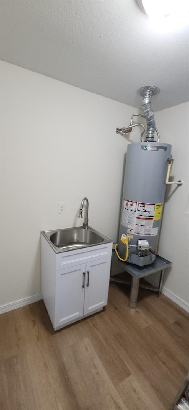 interior space featuring sink, gas water heater, and light hardwood / wood-style flooring