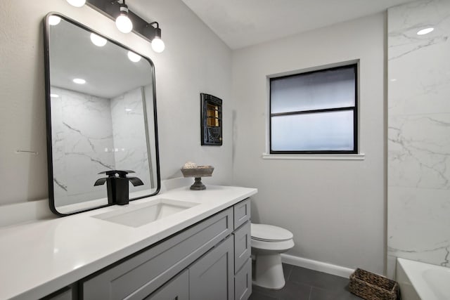 full bathroom featuring tile patterned flooring, vanity, tiled shower / bath combo, and toilet